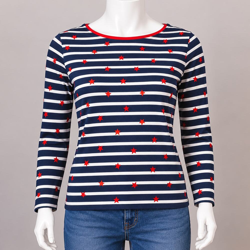 Boden Breton Stripe Star Print Top Navy White Red Women’s US 12 Long Sleeve